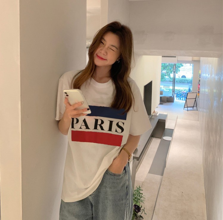 เสื้อแขนสั้นผู้หญิง Paris 100% ผ้าฝ้ายโอเวอร์ฟิต